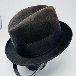 Vintage Mallory Fedora Hat Brown Fur Felt Cravenette Processed Size 7 Feather